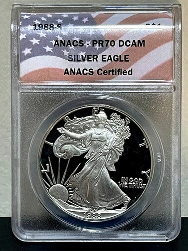 1988-S アメリカン シルバー イーグル 1オンス .999 プルーフコイン ANACS PR70 DCAM フラッグラベル 72,600円