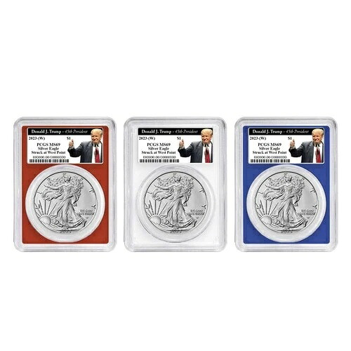 2023年 (W) 1ドル アメリカン シルバー イーグル 3枚セット PCGS MS69 トランプ45周年ラベル 赤 白