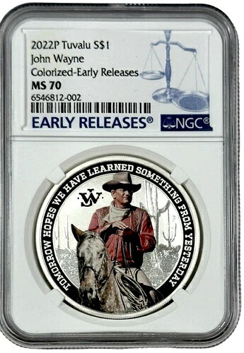 2022年ツバル銀貨 1ドル ジョン・ウェイン カラーライズ 1オンス コイン NGC MS 70 早期リリース