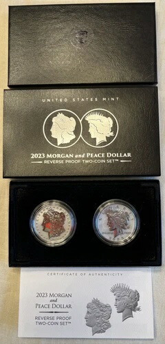 2023年 S リバースプルーフ モルガン＆ピース 米国銀貨 1ドル硬貨セット（箱・鑑定書付き）1ドル硬貨