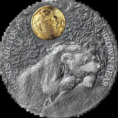 月明かりに照らされたヒグマの野生動物 2オンス アンティーク仕上げ 銀貨 ニウエ 2023年