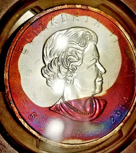 2014年 $5 カナダ シルバーメープル PCGS MS-62 バイブラント レインボー トーニング ストーリー付き!-