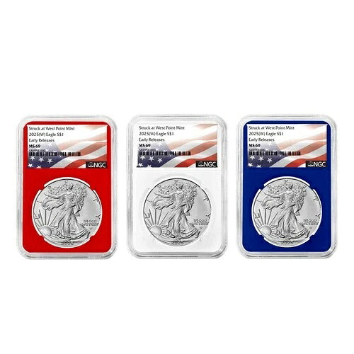 2025 (W) $1 アメリカン シルバー イーグル 3点セット NGC MS69 ER 旗ラベル 赤 白 青