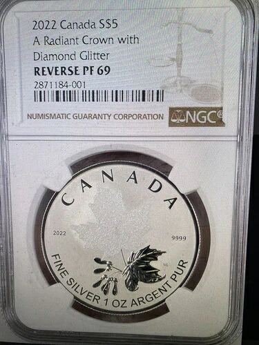 2022年 5ドル 1オンス カナダ シルバー NGC PF69 ダイヤモンド ラディアント クラウン メープルリーフ レブ プルーフ 72,600円