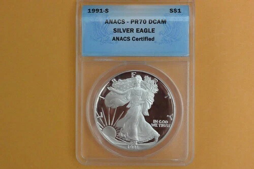 1991-S 1ドル アメリカン シルバー イーグル プルーフ ドル - ANACS PR70 DCAM