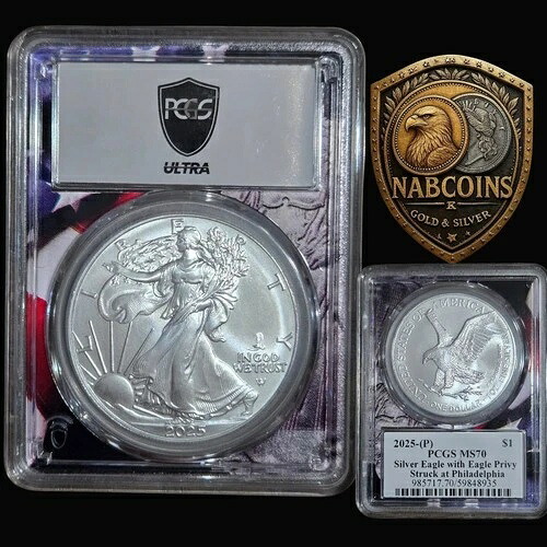 2025年 (P) $1 PCGS MS70 シルバーイーグル イーグル・プリビー・フラッグ・コア ウルトラ・ブレイクス・ラベル付き