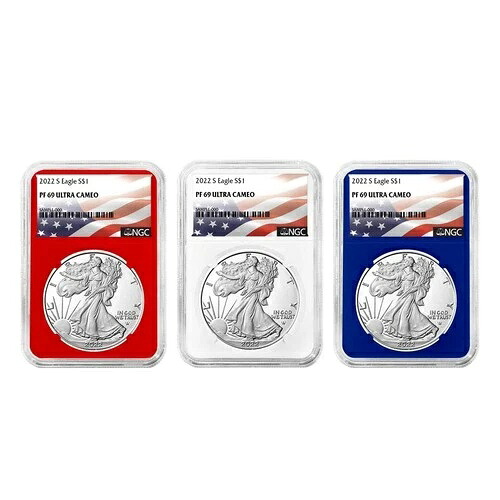 2022-S プルーフ $1 アメリカン シルバー イーグル 3枚セット NGC PF69UC 旗ラベル 赤 白
