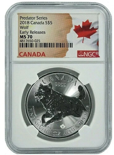 2018年カナダ 1オンス プレデターシリーズ ウルフ NGC MS70 - 早期リリース - フラッグラベル