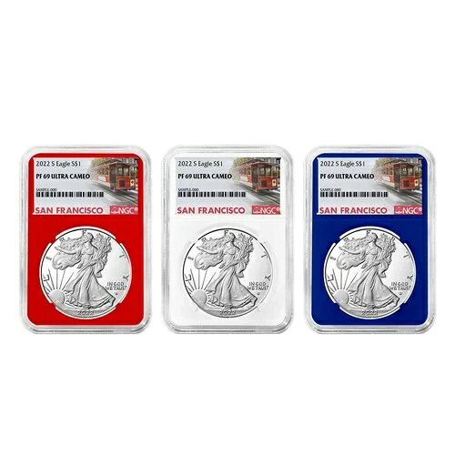 2022-S プルーフ $1 アメリカン シルバー イーグル 3枚セット NGC PF69UC トロリーラベル レッド