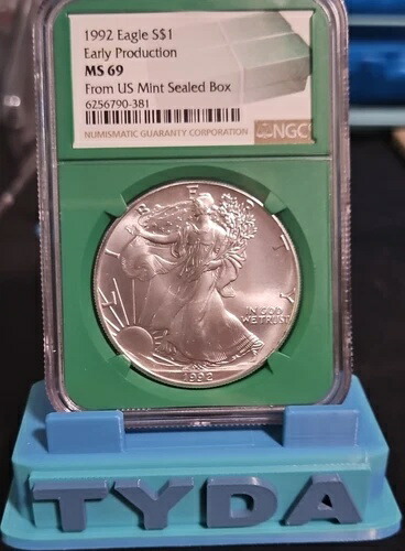 1992年 シルバーイーグル NGC MS69 米国造幣局シールボックス グリーンコアからの初期生産-