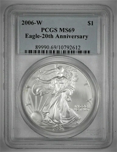 2006-W PCGS SP69 20th Anniv.1OZ 磨き済シルバー アメリカンイーグル $1 コイン - 612? V2-