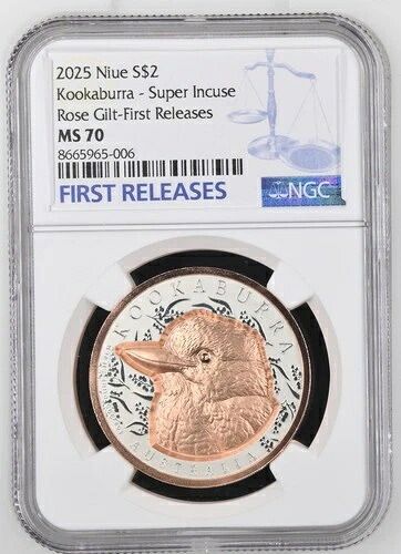 1オンス銀貨 2025年 ニウエ クッカバラ ローズ金メッキ スーパーインキュスド NGC MS 70 POP 16