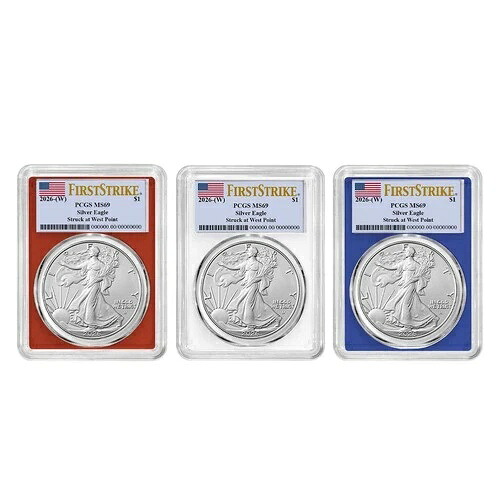 プレセール - 3点セット - 2026 (W) $1 1オンス アメリカン シルバー イーグル PCGS MS69 FS フラッグ