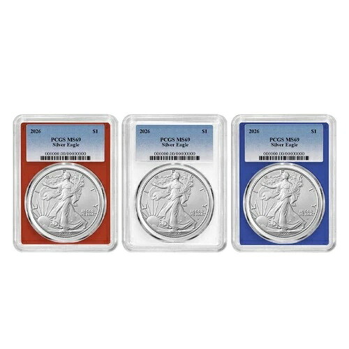 プレセール - 3枚セット - 2026年 $1 1オンス アメリカンシルバーイーグル PCGS MS69 ブルーラベル レッド
