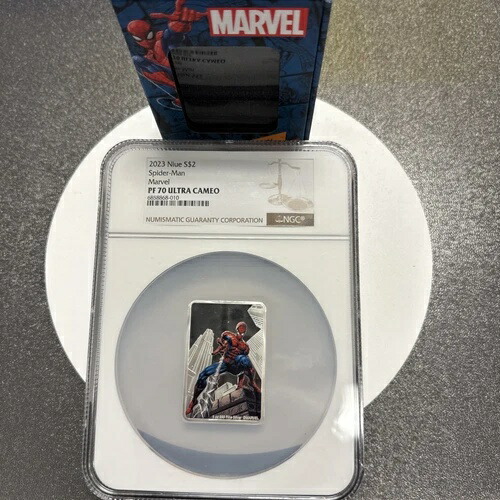 2023 ニウエ $2 マルセル スパイダーマン ポスター カラー化 1 オンス シルバー バー NGC PF 70 UCAM。