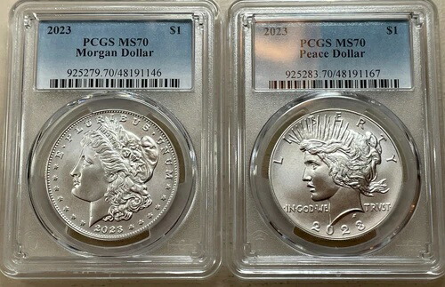 2023年 $1モーガンとピース シルバードル 2個セット PCGS MS70 -完璧なペア!-