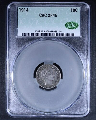 1914 年バーバー ダイム - 10 セント CACG XF45 - 素晴らしいオリジナル コイン!