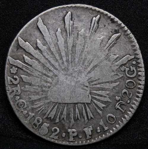 1852年 2レアル メキシコ 銀貨 Go-PF。文字の重複エラー。KM-37