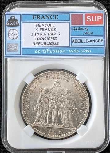 ヘラクレス、1876 A、フランス第三共和政ガドゥリー745a、銀貨5フラン、900ドル、素晴らしい