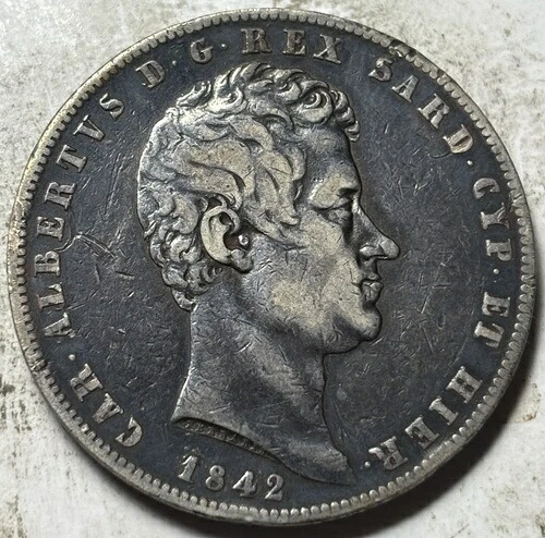 1842年 イタリア領サルデーニャ 5リラ。魅力的な流通例!