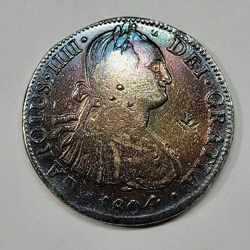 1804年製 メキシコ製 シルバー 8レアル レインボートーン 美しい色合い オールドクリーニング済み *K984