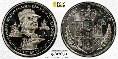 1990年 ニウエ ウィリアム・F・ハルゼー提督 5ドル 銅ニッケル貨幣 PCGS MS68