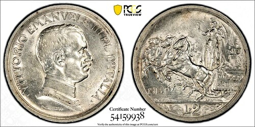 1914-R イタリア 2リラ ヴィットーリオ・エマヌエーレ3世 銀貨 KM-55 PCGS AU 55