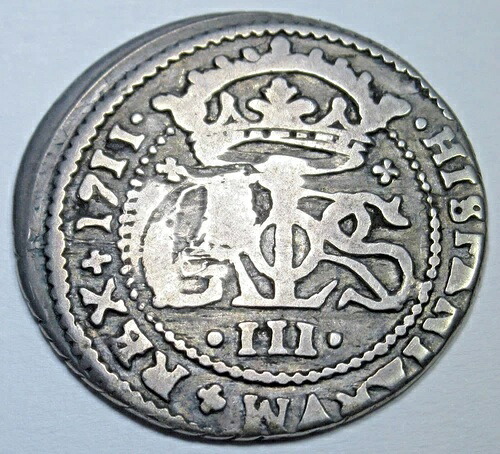 1711年 スペイン シルバー 2レアル 本物アンティーク 1700年代 2ビット海賊宝貨幣