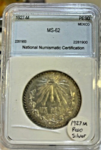 1927年メキシコ造幣局発行の美しい銀貨ペソ - 美しい光沢、若干の色あせあり