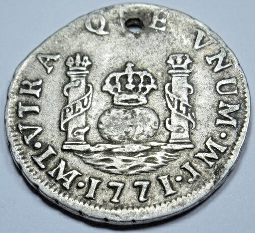 1771-LM JM スペイン・ペルー 銀貨 1レアル 1700年代 海賊ピラーコイン 正規品 穴あき