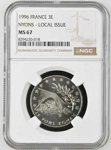 1996 フランス 3 ユーロ - ニヨン地方発行ル ポン ロマン - NGC MS67