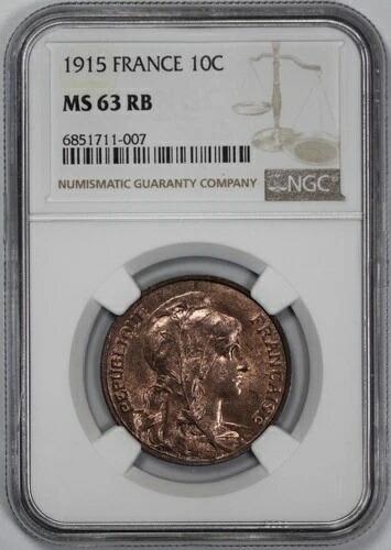 1915 フランス 10 サンタイム NGC MS 63 RB