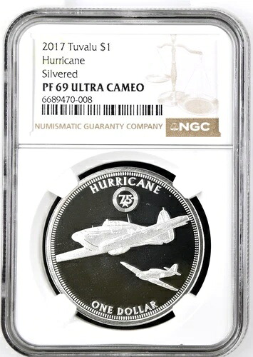 2017年ツバル1ドル銀貨エリザベス2世第二次世界大戦戦闘機ハリケーンNGC PF 69UC
