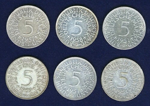 ドイツ 5マルク銀貨：1951-F-G-J、1957-J、1958-G、1959-G、ロット（6枚）