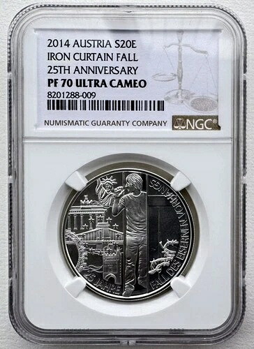 NGC PF70 オーストリア 2014年 鉄のカーテンの崩壊 銀貨 20ユーロ 20g