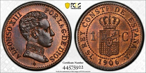 1906 SL V スペイン KM 726 1 センティモ PCGS MS66 RB ポップ 4/0 RB ゴールドシールド 2072