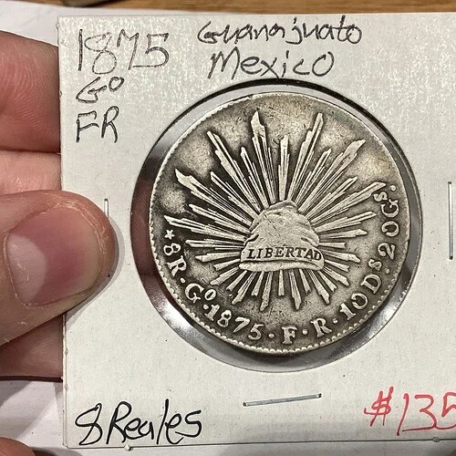 メキシコ 1875-Go FR グアナファト 8レアル銀貨 第一共和国 VF オリジナル