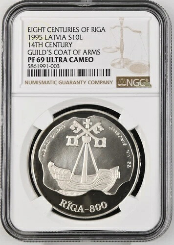 1995年 ラトビア 10ラト 8世紀 リガ ギルドの紋章 銀 NGC PF69 UC