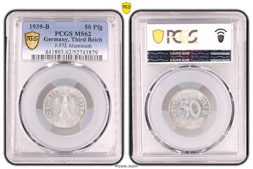 PCGS MS62 50 ペニヒ 1939 B スワスティカ ドイツ第三帝国 J-372 アルミニウムコイン Pfg
