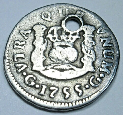 1755年 グアテマラ 銀貨 1/2レアル スペイン植民地アンティーク 1700年代 コラムナリオコイン