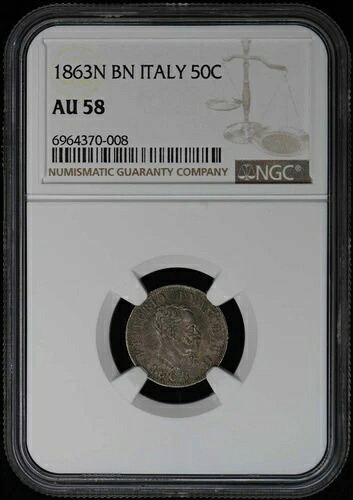 1863N BN イタリア 50C 50 Centesimi NGC AU58