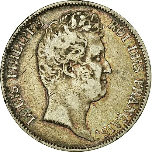 [#516261] コイン、フランス、ルイフィリップ、5フラン、1830年、パリ、VF、Sil、ver