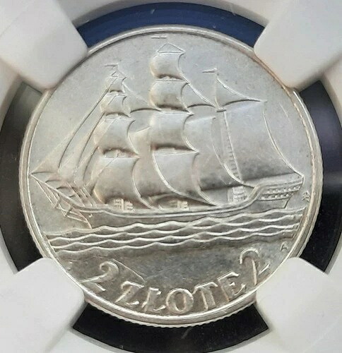 1936 ポーランド 2 ズロティチ銀貨、グディニア シーポート デザイン、NGC AU58