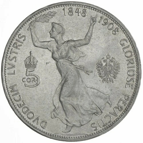 1908 オーストリア シルバー 5 クローネン 1908 Regierungsjubil?um VZ-、ゲル。 48,840円