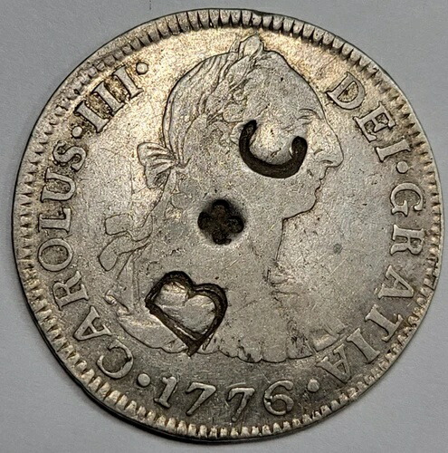 1776年 メキシコ 銀貨 2レアル 主要日付 刻印あり インドネシア？ ナイス *K565