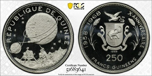 1969年 ギニー 250フラン 月面着陸宇宙飛行士銀貨 - PCGS PR67DCAM