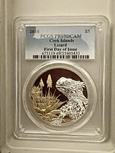 クック諸島 シェーズ・オン・ネイチャー 2018年 リザード .999 シルバー PCGS PR-69DCAM 初日