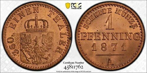 1871年 A プロイセン ドイツ 1 ペニッヒ PCGS MS65 RD ジェムレッド 4082
