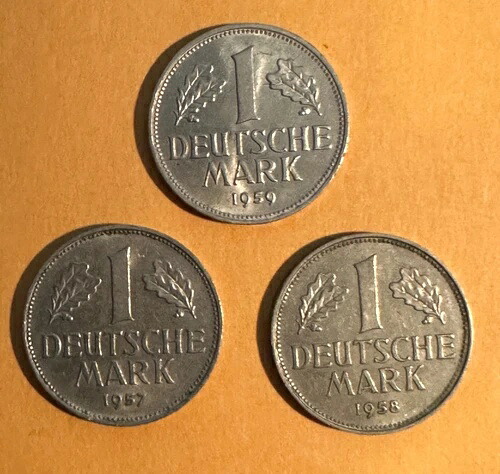 ドイツ 1957-F、1958-G、1959-F、1マルク硬貨、XF+～ほぼ未流通、ロット