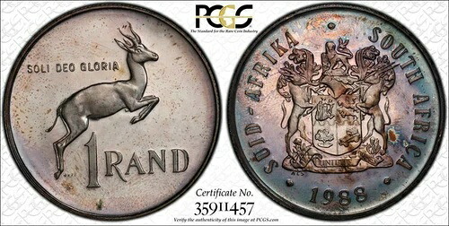 1988年南アフリカ1ランド銀貨プルーフPCGS PR65DCAM 美しいトーン